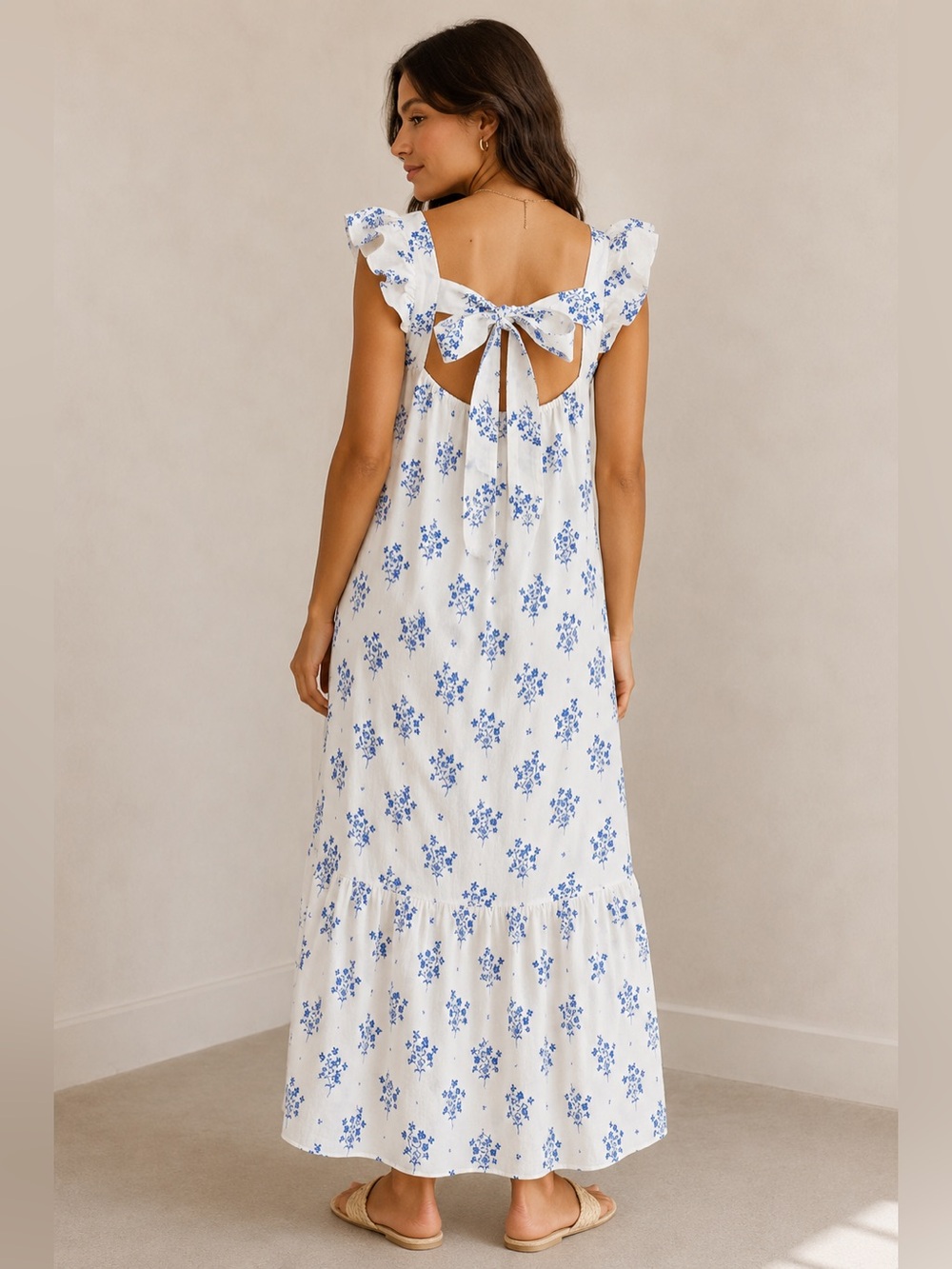 H&M Linen Blend Floral Maxi Dress – White/Blue – Size Medium - Picture 2 of 6